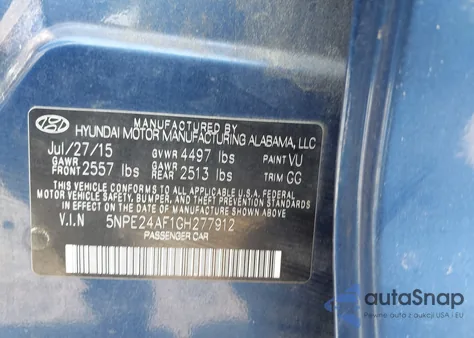 2016 Hyundai Sonata Se from USA, damaged, VIN 5NPE24AF1GH277912